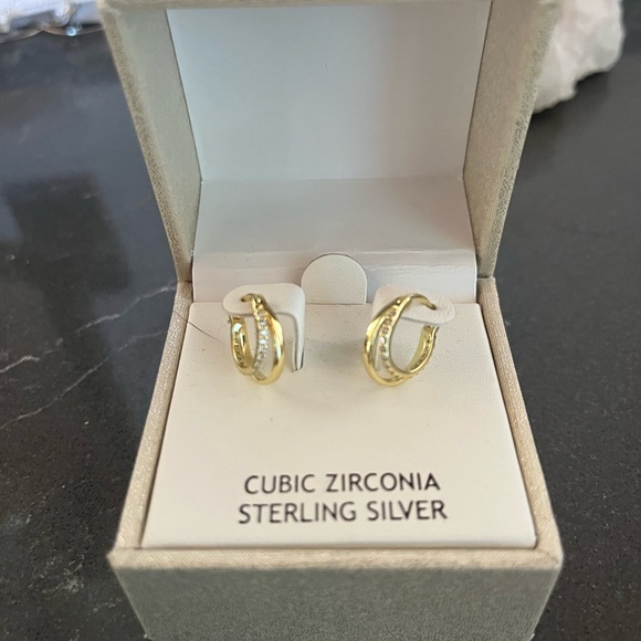 Cubic zirconia double loop huggie earrings - Picture 2 of 4